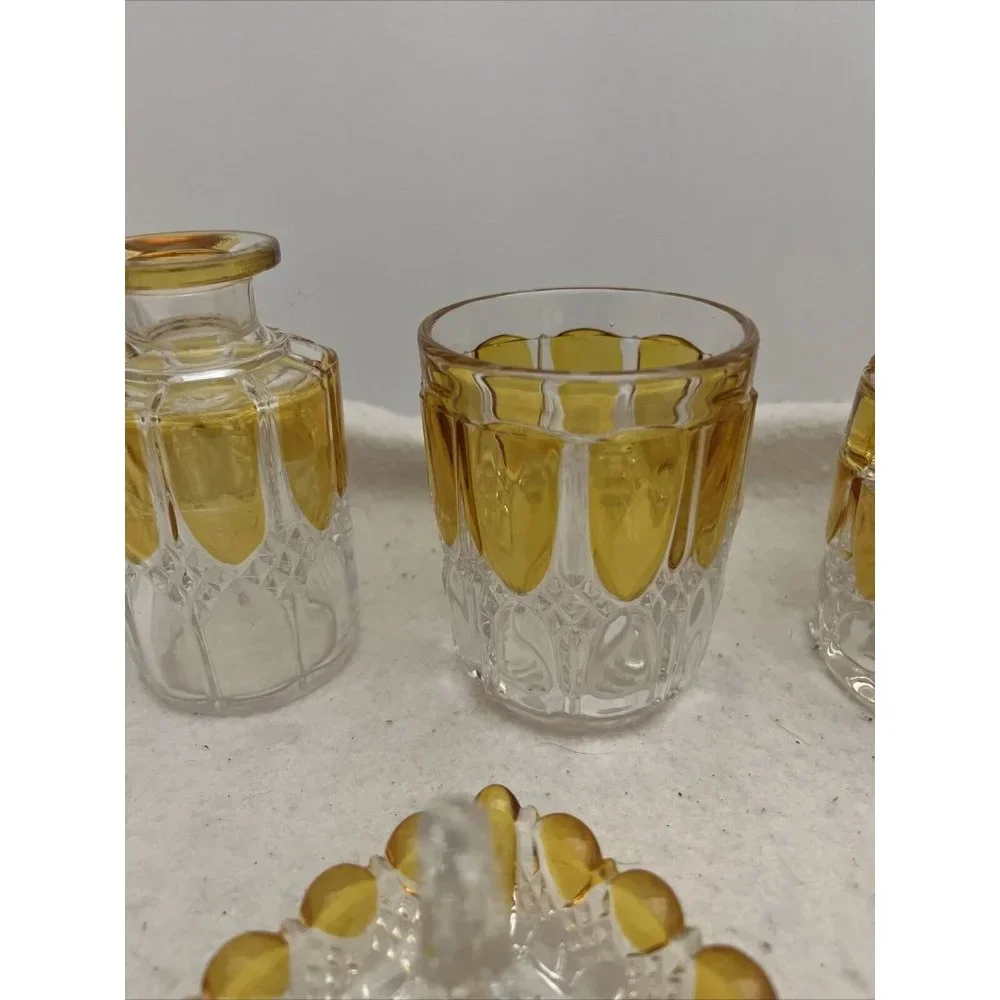 Antique Circa 1908 Val St Lambert Yellow & Clear Glass 8 Piece Vanity Set